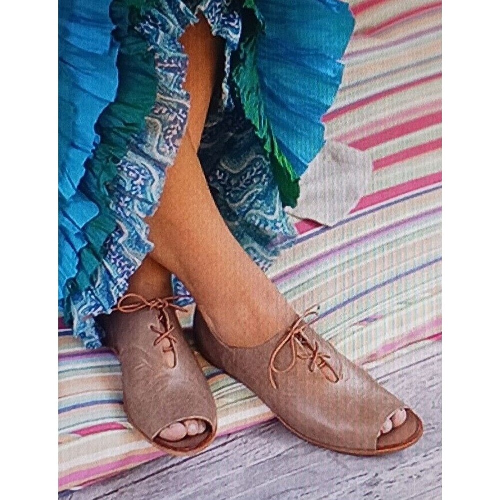 CYDWOQ Handmade Lt Brown Leather Lace Up Flats Open Toe EU38 US 8